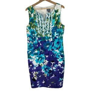 Rabbit Rabbit Rabbit Designs Women's 16 White Blue Floral Ruffle Sheath Dress